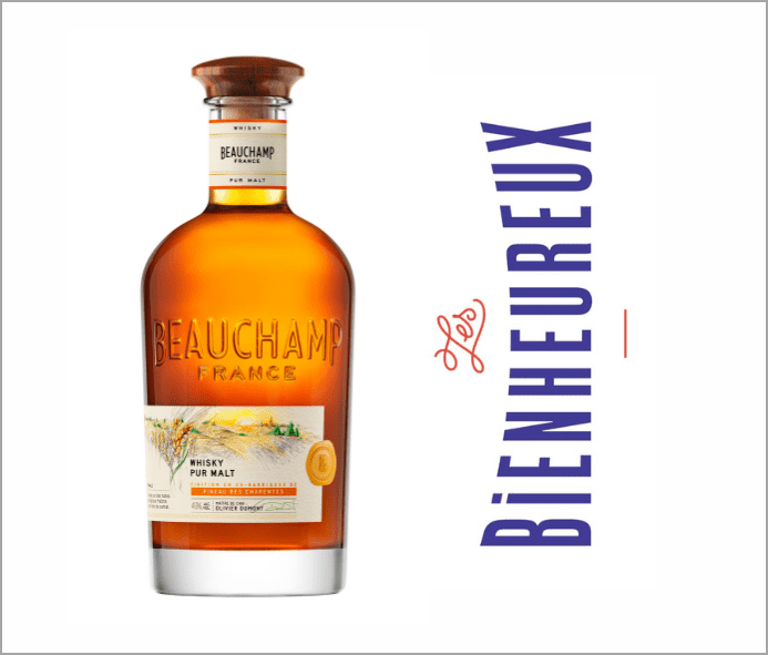 Bouteille du whisky Beauchamp, et logo Les Bienheureux